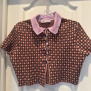 ZARA Knit Geometric Print Collared Crop Top Pink Orange Size L
